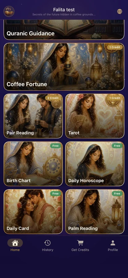 Falita app home screen showing coffee cup reading, tarot, horoscope and palm reading features