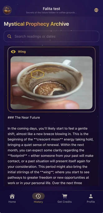 Falita mystical prophecy archive displaying a saved coffee cup reading