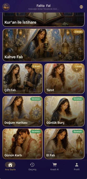 Falita Türkçe ana ekranında kahve falı, tarot falı, burç ve el falı seçenekleri