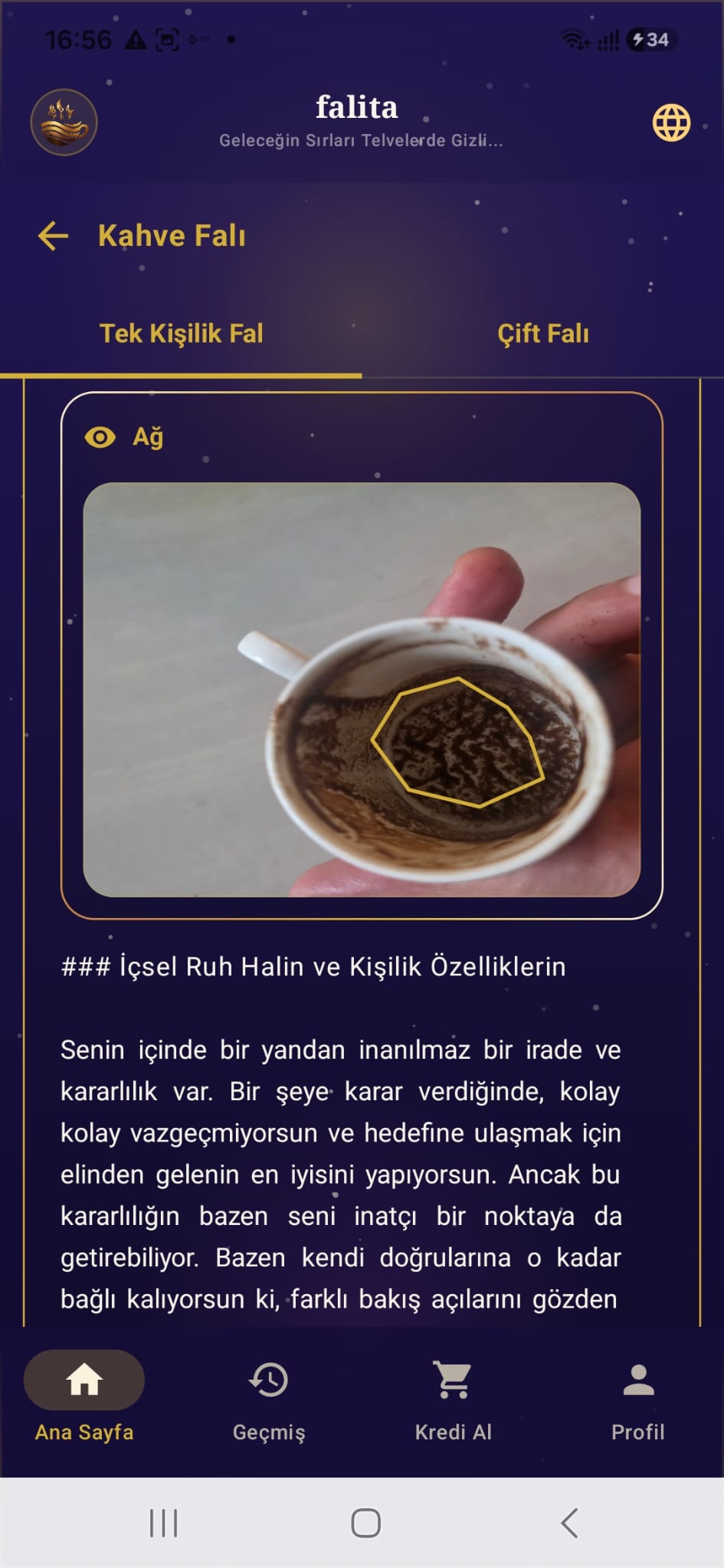 Ücretsiz yapay zeka kahve falı sonucu Falita ekranı