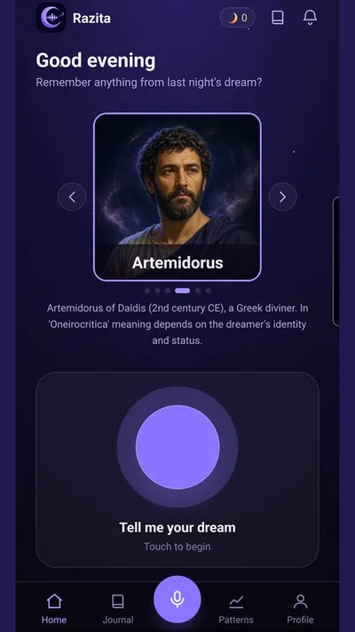 Razita dream interpretation app home screen with an interpreter and the tell-me-your-dream button
